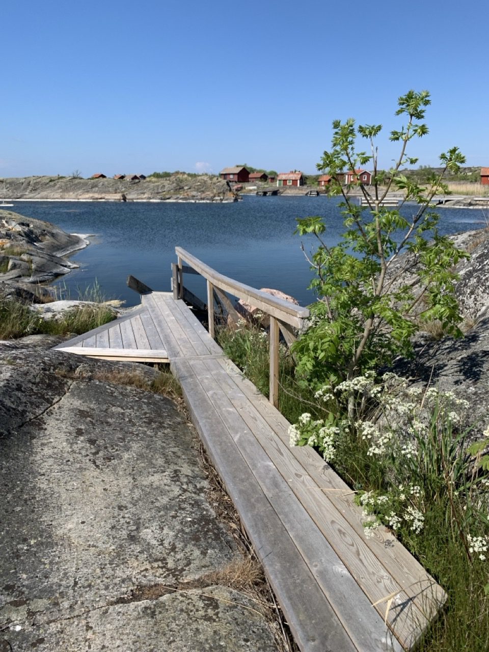 Fredlarna - Peaceful island bay in the Stockholm archipelago with granite rocks, a wooden jetty, and red cottages, highlighting destinations visited on speedboat and RIB charters by 59 Degrees North.