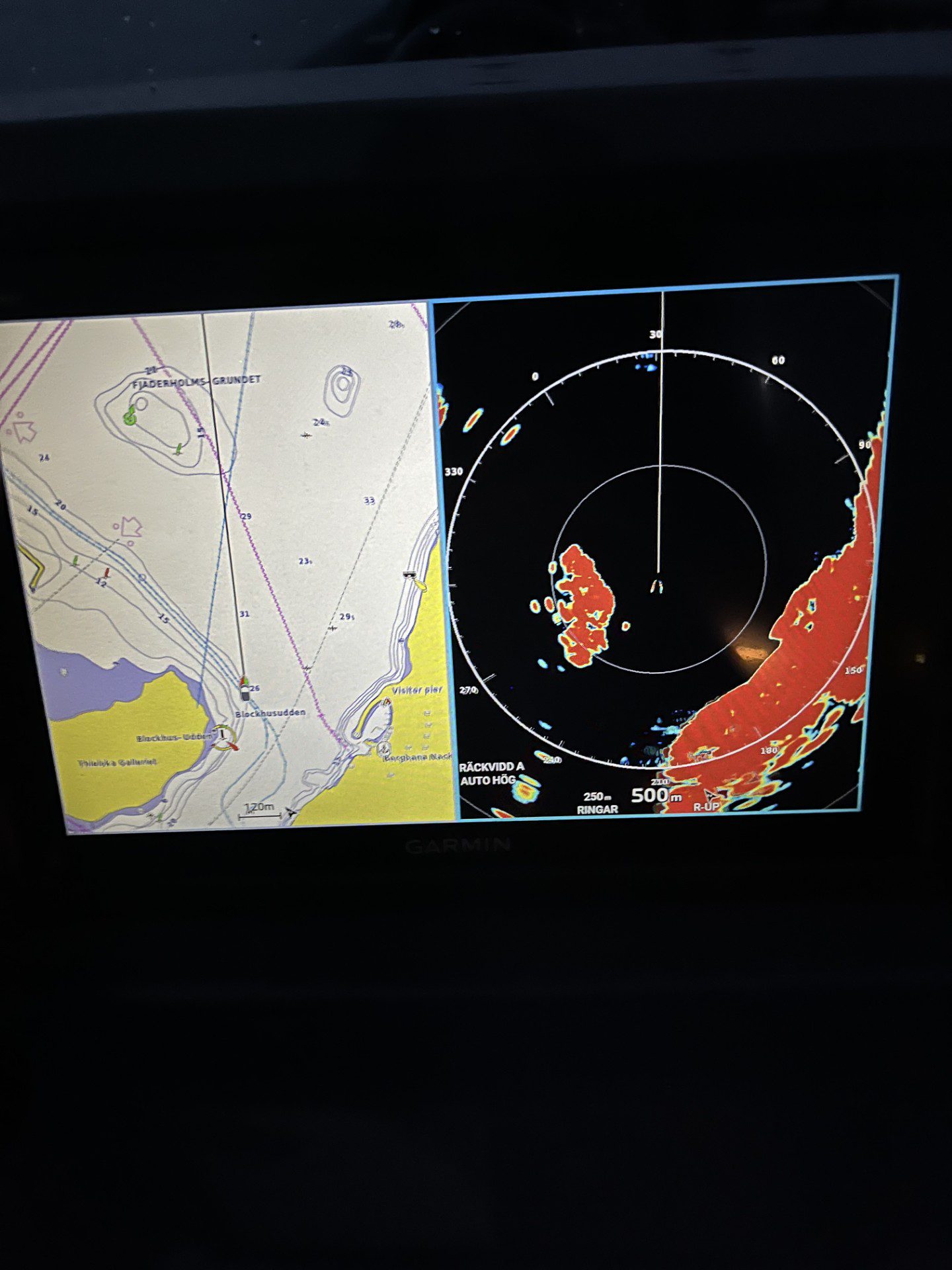 Marine navigation display showing a nautical chart alongside radar view, illustrating professional radar‑assisted navigation used during speedboat and RIB charters in the Stockholm archipelago.