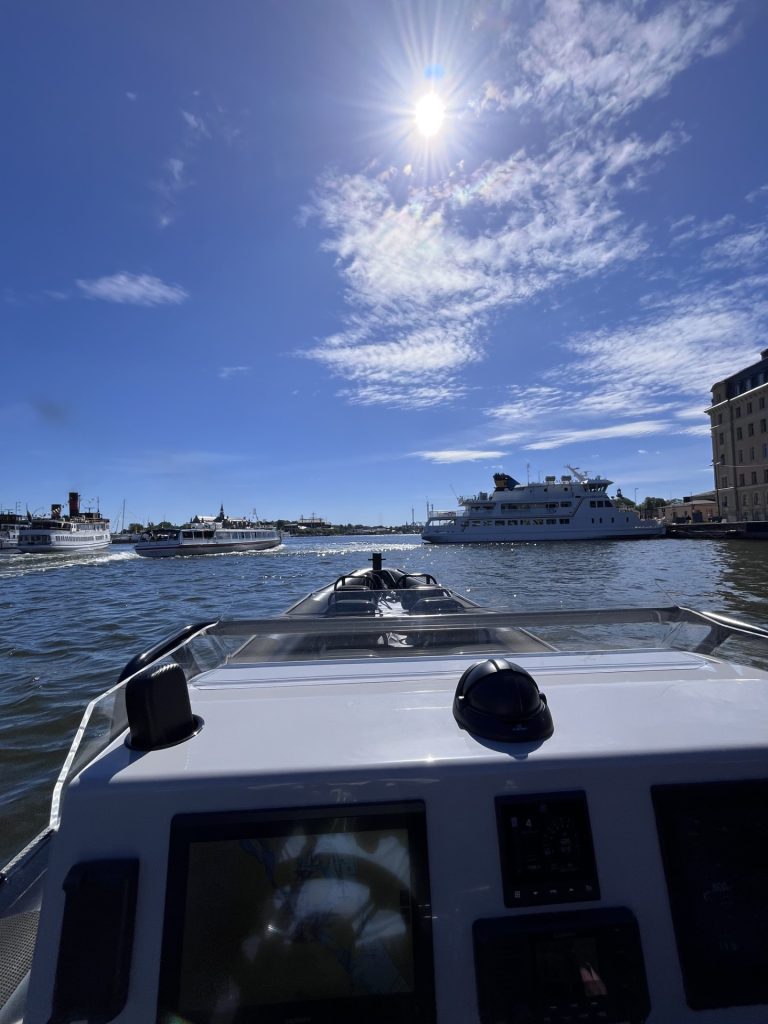 Stockholm skyline and Nybroviken seen from a boat on a sunny June day